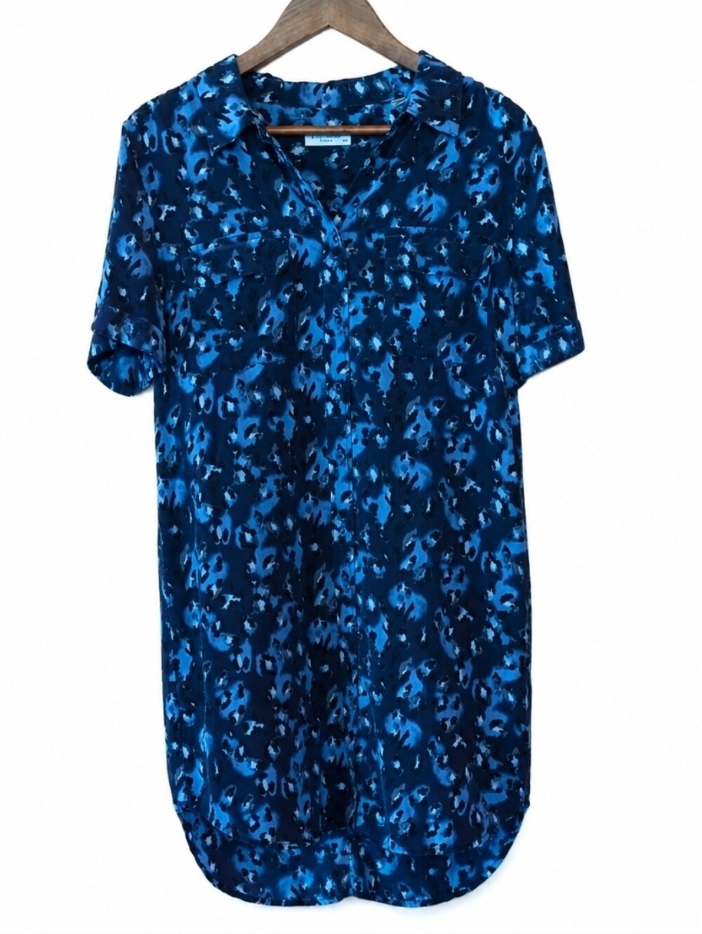 EQUIPMENT FEMME 100% Silk Shirt Dress Blue Abstract Cheetah Print Size Large